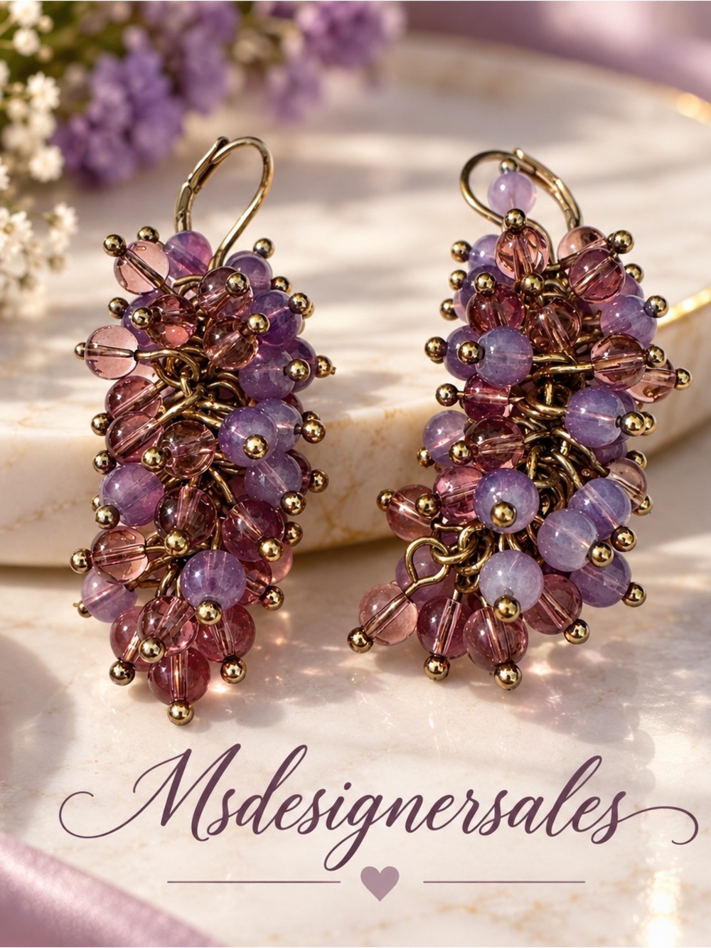 Purple & Pink Cluster Bead Drop Earrings